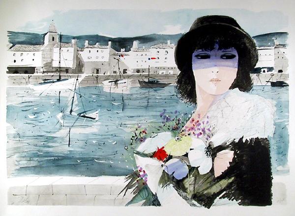 Charles Levier, Woman with Sailboats, Lithograph: Artist: Charles Levier, French (1920 - ) Title: Untitled - Woman with Sailboats Medium: Lithograph, signed and numbered in pencil Edition: 125 Size: 25 in. x 36 in. (63.5 cm x 91.44 cm)