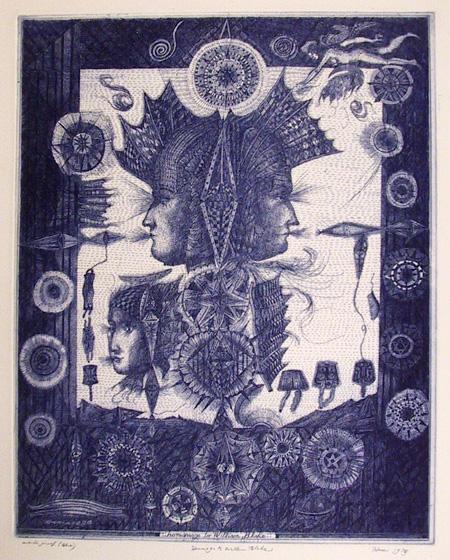 Burt Hasen, Homage to William Blake, Etching: Artist: Burt Hasen, American (1921 - 2007) Title: Homage to William Blake Year: 1979 Medium: Etching, signed in pencil Image Size: 19.5 x 15.5 inches Size: 30 in. x 22 in. (76.2 cm x 55.88 cm)