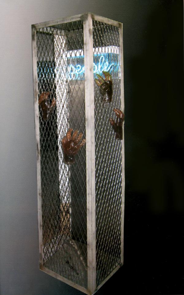 Federica Marangoni, Urban Cage, Iron Mixed Media S: Artist: Federica Marangoni, Italian Title: Urban Cage Year: 2007 Medium: Grid Iron Structure, Resin Hands, Blue Neon, Mirror Floor, signed Size: 78.75 in. x 15 in. x 15 in. (200.03 cm x 38.1 cm x 38.1