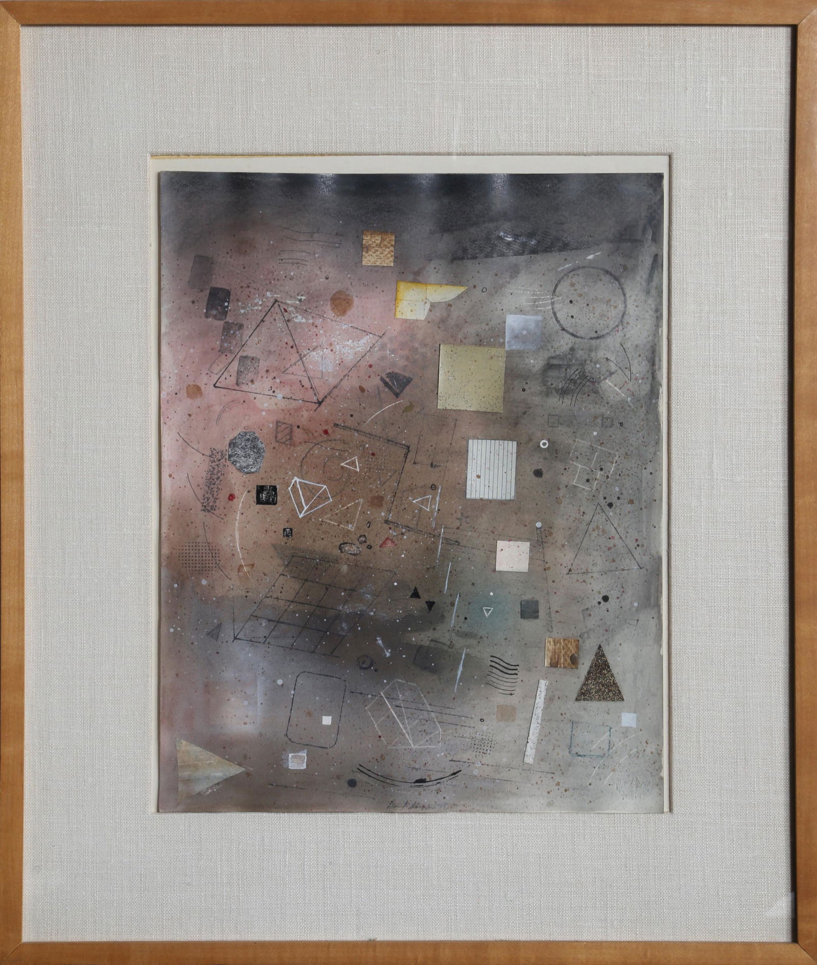 David Shapiro, Geometric Forms in Space, Mixed Media: Artist: David Shapiro, American (1944 - ) Title: Geometric Forms in Space Year: 1975 Medium: Mixed Media and Collage on Paper, signed lower center Size: 14.5 in. x 11.5 in. (36.83 cm x 29.21 cm) Frame