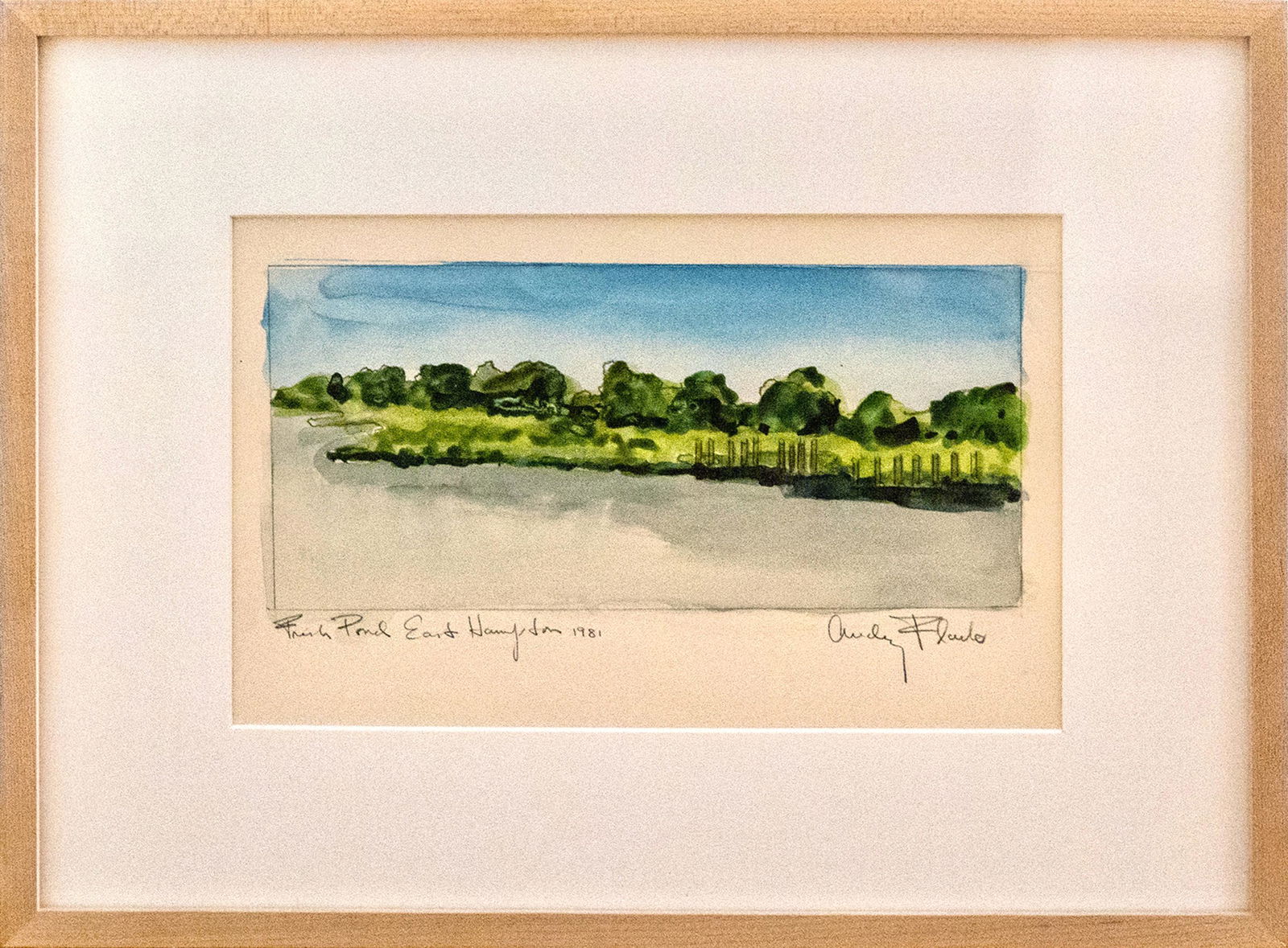 Audrey Flack, Fresh Pond East Hampton, Watercolor: Artist: Audrey Flack, American (1931 - ) Title: Fresh Pond East Hampton Year: 1981 Medium: Watercolor on paper, signed lower right Size: 7 x 11 in. (17.78 x 27.94 cm) Frame Size: 12.75 x 16.75 inches