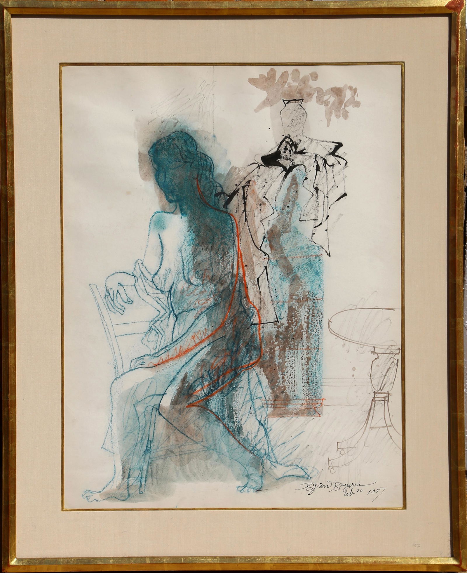 Byron Browne, Seated Nude, Pastel and Watercolor: Artist: Byron Browne, American (1907 - 1961) Title: Seated Nude Year: 1957 Medium: Pastel and Watercolor on Paper, signed and dated l.r. Image Size: 25.5 x 19.5 inches Size: Frame Size: 32.5 x 26.5 in