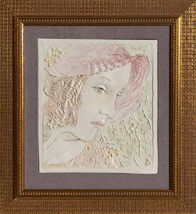 Frank Gallo, Pink Hat, Ceramic Tile: Artist: Frank Gallo, American (1933 - ) Title: Pink Hat Year: Medium: Ceramic Tile, signed lower right Size: 16 x 14 in. (40.64 x 35.56 cm) Frame Size: 23.5 x 23.5 inches