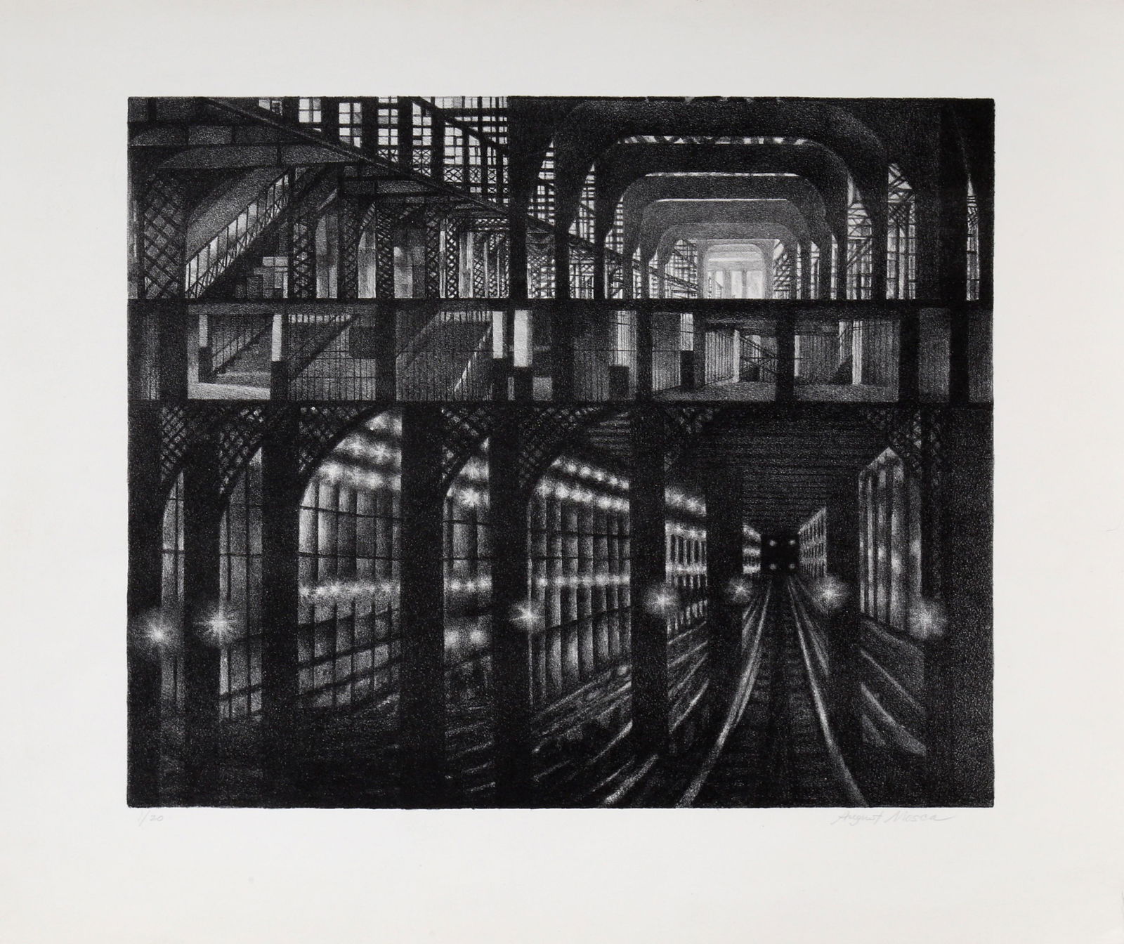 August Mosca, Subway Station, Lithograph: Artist: August Mosca, Italian (1905 - 2003) Title: Subway Station Year: circa 1950 Medium: Lithograph, signed and numbered in pencil Edition: 1/20 Image Size: 14.5 x 16.5 inches Size: 19 x 21.5 in. (4