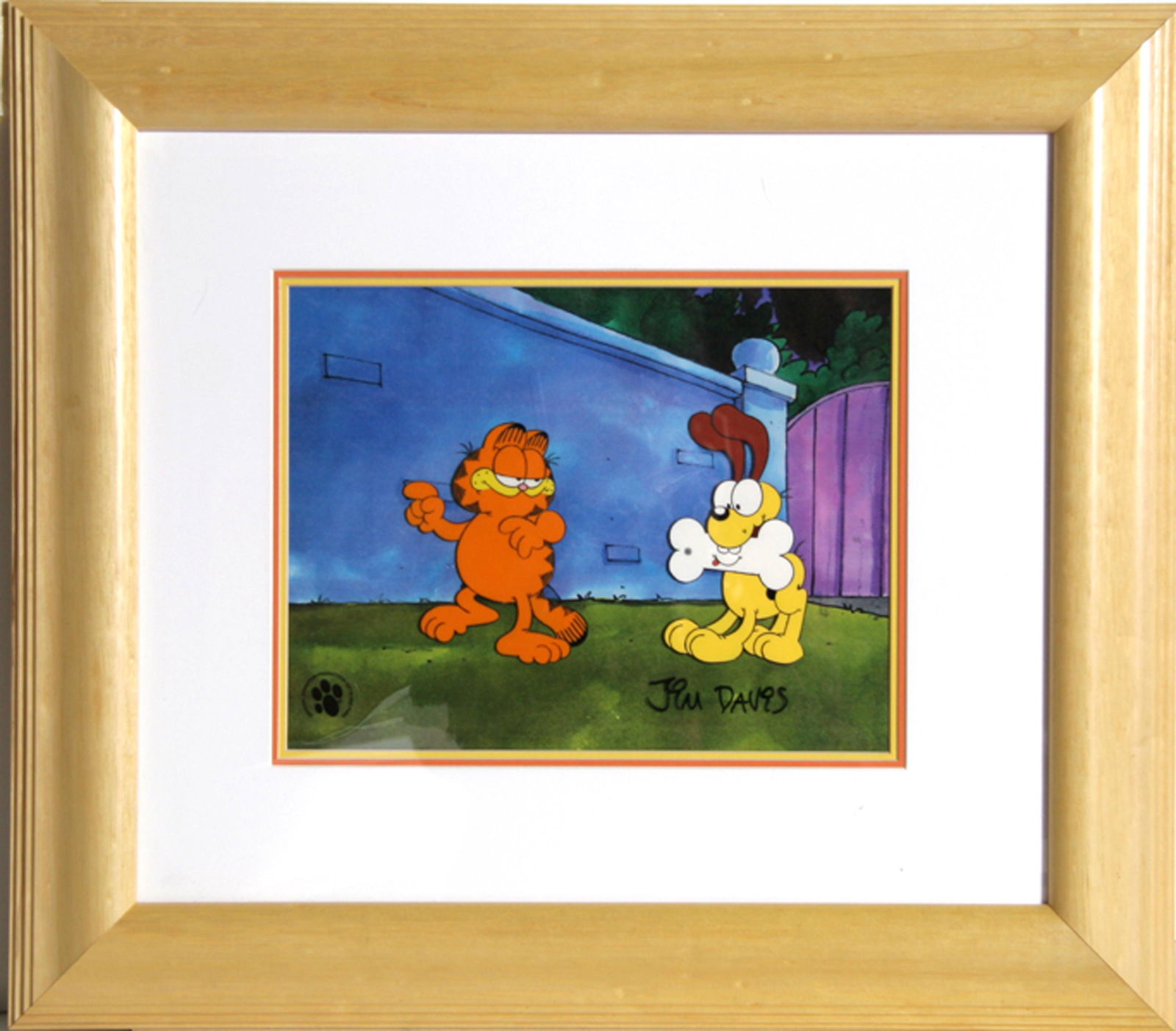 Jim Davis, Garfield and Odie with a Bone, Hand Painted: Artist: Jim Davis, American (1945 - ) Title: Garfield and Odie with a Bone Year: 1995 Medium: Hand Painted Production Cel, signed Size: 15 in. x 18 in. (38.1 cm x 45.72 cm) Frame Size: 20 x 23 inches