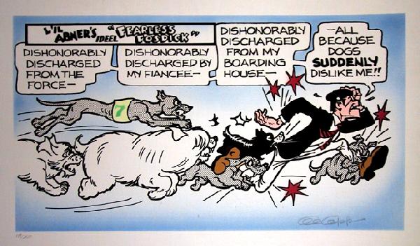 Al Capp, Dishonorably Discharged, Lithograph: Artist: Al Capp, American (1909 - 1979) Title: Dishonorably Discharged Year: 1974 Medium: Signed and Numbered Lithograph on Canvas Edition: 250 Image Size: 16 x 29 inches Size: 22.5 in. x 36 in. (57.1