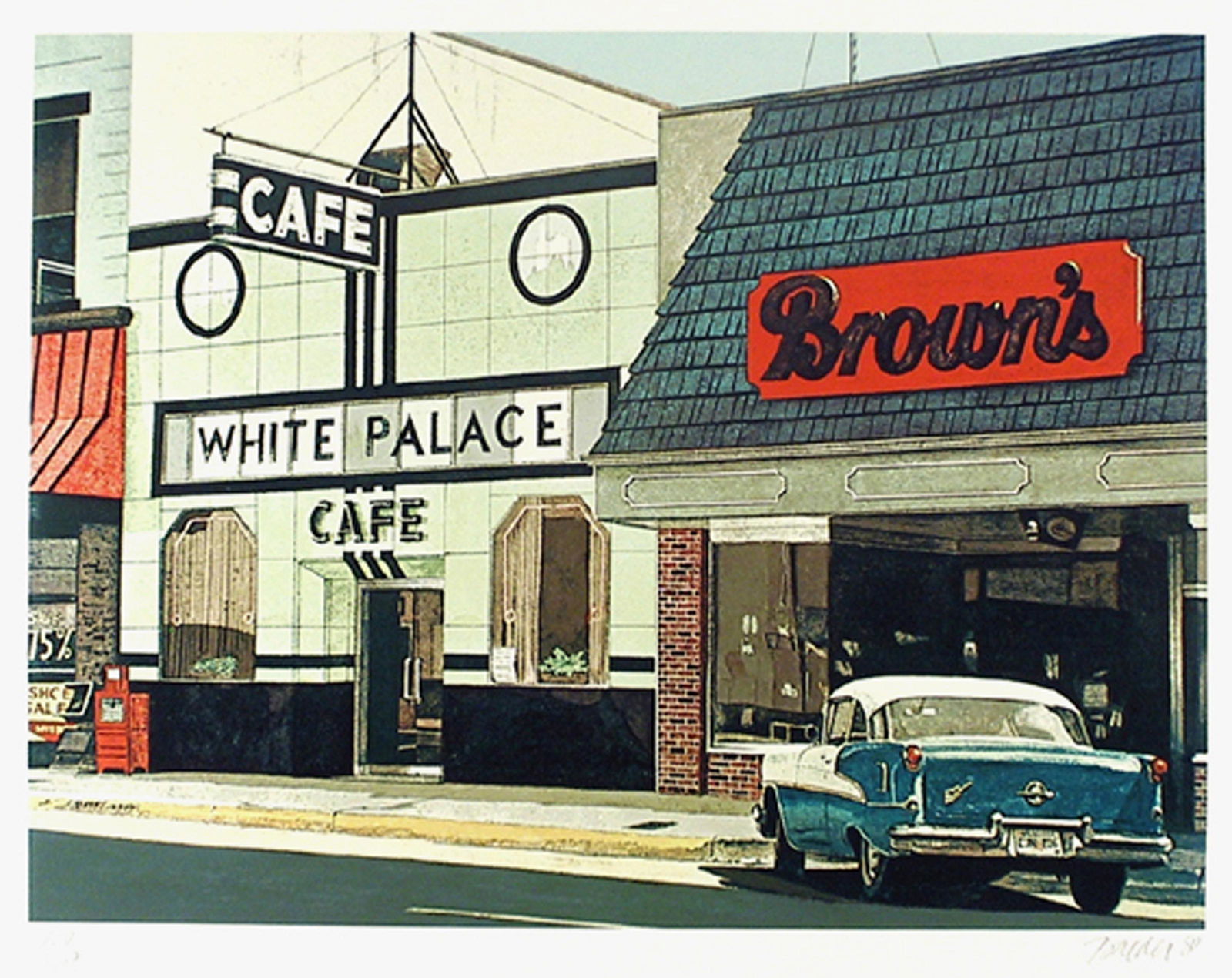 John Baeder, White Palace Cafe, Screenprint: Artist: John Baeder, American (1938 - ) Title: White Palace Cafe Portfolio: Year: 1980 Medium: Screenprint, signed and numbered in pencil Edition: 250 Image Size: 17 x 23 inches Size: 22 in. x 27 in.