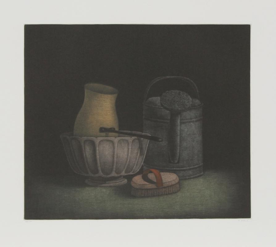 Tomoe Yokoi, Watering Jug and Brush, Mezzotint: Artist: Tomoe Yokoi, Japanese (1942 - ) Title: Watering Jug and Brush Year: circa 1973 Medium: Mezzotint, Signed and Numbered in Pencil Edition: 150 Size: 19.5 in. x 25.5 in. (49.53 cm x 64.77 cm)