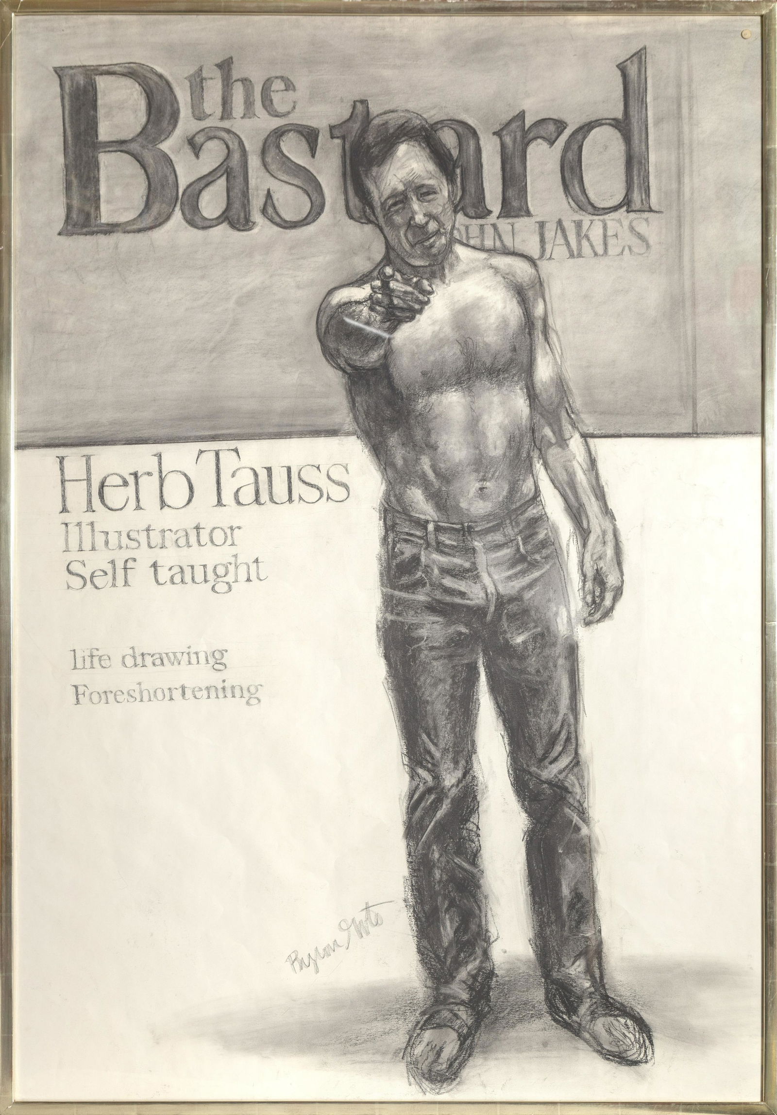 Byron Goto, Portrait of Herb Tauss, Charcoal on Paper: Artist: Byron Goto, American (1919 - ) Title: Portrait of Herb Tauss Year: circa 1975 Medium: Charcoal on Paper, signed Image Size: Size: 62 x 42 in. (157.48 x 106.68 cm) Frame Size: 64 x 44 inches