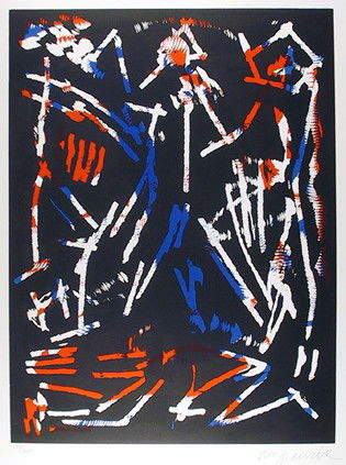 A. R. Penck, Mul, Bul Dang & Sentimentality, Woodbl: Artist: A. R. Penck, German (1939 - ) Title: Mul, Bul Dang & Sentimentality Year: 1988 Medium: Woodblock, signed and numbered in pencil Edition: 300 Size: 35 in. x 27 in. (88.9 cm x 68.58 cm)