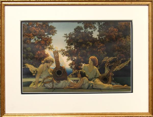 Maxfield Parrish, The Lute Players, Lithograph: Artist: Maxfield Parrish (1870 - 1966) Title: The Lute Players Year: 1924 Medium: Lithograph Image Size: 11 x 17.5 inches Frame Size: 19 x 25 inches