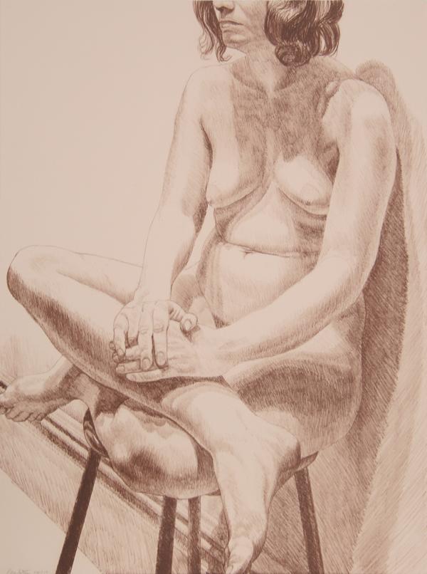 Philip Pearlstein, Girl on a Stool, Lithograph: Artist: Philip Pearlstein, American (1924 - ) Title: Girl on a Stool Year: 1971 Medium: Lithograph, signed and numbered in pencil Edition: 119/250 Size: 24 in. x 18 in. (60.96 cm x 45.72 cm)