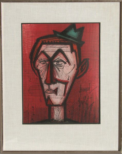 Bernard Buffet, Clown, Lithograph: Artist: Bernard Buffet, French (1928 - 1999) Title: Clown Year: circa 1968 Medium: Lithograph, signed in the plate Size: 12 in. x 9 in. (30.48 cm x 22.86 cm) Frame Size: 18 x 14 inches