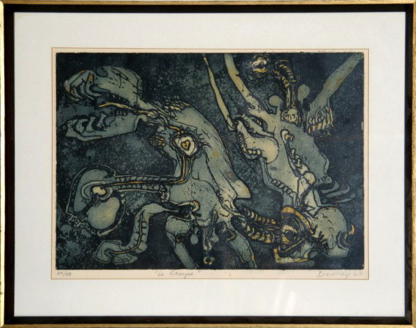 Juan Downey, Le Groupe, Aquatint Etching: Artist: Juan Downey, Chilean (1940 - 1993) Title: Le Groupe Year: 1963 Medium: Aquatint Etching, Signed and Numbered in Pencil Edition: 20/50 Image Size: 13.5 x 18.5 inches Frame Size: 19.5 x 24.5 inc