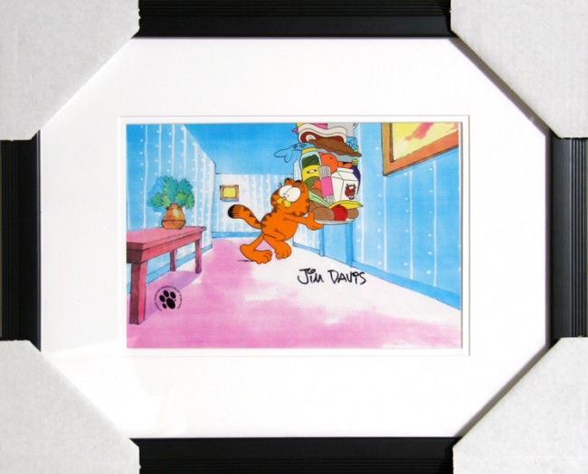 Jim Davis, Garfield Running with Food, Production C: Artist: Jim Davis, American (1945 - ) Title: Garfield Running with Food Year: 1995 Medium: Hand Painted Production Cel, signed in ink l.l. Size: 9 in. x 12 in. (22.86 cm x 30.48 cm) Frame Size: 18 x 2