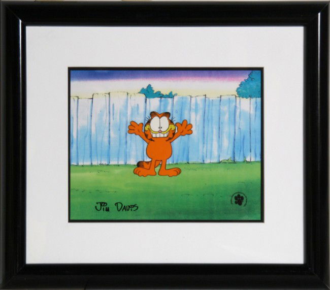 Jim Davis, Garfield with Open Arms, Production Cel: Artist: Jim Davis, American (1945 - ) Title: Garfield with Open Arms Year: 1997 Medium: Hand Painted Production Cel, signed in ink l.r. Size: 9 in. x 12 in. (22.86 cm x 30.48 cm) Frame Size: 19 x 21 i