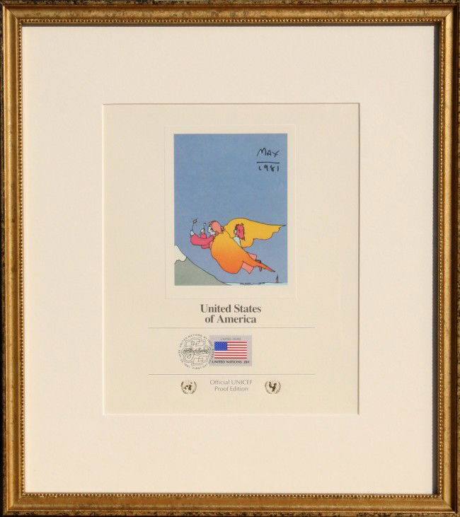 Peter Max, United Nations, Lithograph: Artist: Peter Max, German/American (1937 - ) Title: United Nations Year: 1981 Medium: Lithograph and Canceled Stamp Size: 11.5 in. x 9.5 in. (29.21 cm x 24.13 cm) Frame Size: 18 x 16 inches
