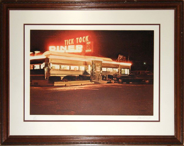 John Baeder, Tick Tock Diner, Serigraph: Artist: John Baeder (1938 - ) Title: Tick Tock Diner Year: 1981 Medium: Serigraph, Signed and Numbered in Pencil Edition: 141/250 Size: 22 in. x 30 in. (55.88 cm x 76.2 cm) Frame Size: 28.5 x 36 inche