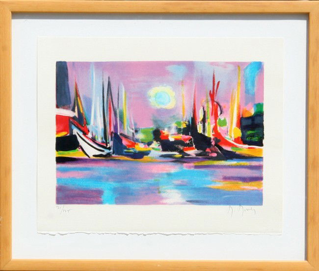 Marcel Mouly, Les Boutres, Lithograph: Artist: Marcel Mouly, French (1918 - 2008) Title: Les Boutres Year: 1996 Medium: Lithograph, signed and numbered in pencil Edition: 71/175 Size: 12 in. x 15.5 in. (30.48 cm x 39.37 cm) Frame Size: 17