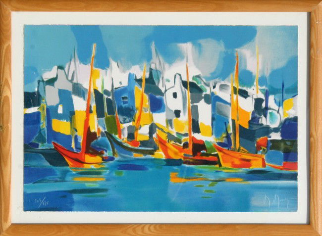 Marcel Mouly, Audierne, Lithograph: Artist: Marcel Mouly, French (1918 - 2008) Title: Audierne Year: 1994 Medium: Lithograph, signed and numbered in pencil Edition: 203/275 Size: 20 in. x 29 in. (50.8 cm x 73.66 cm) Frame Size: 25 x 35