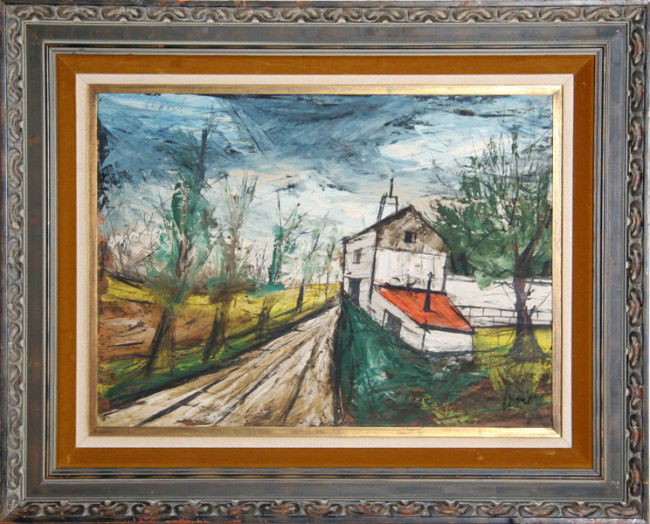Charles Levier, Farmhouse, Oil Painting: Artist: Charles Levier, French (1920 - ) Title: Farmhouse Year: circa 1965 Medium: Oil on Board, signed l.r. Size: 23 in. x 33 in. (58.42 cm x 83.82 cm) Frame Size: 34 x 41 inches