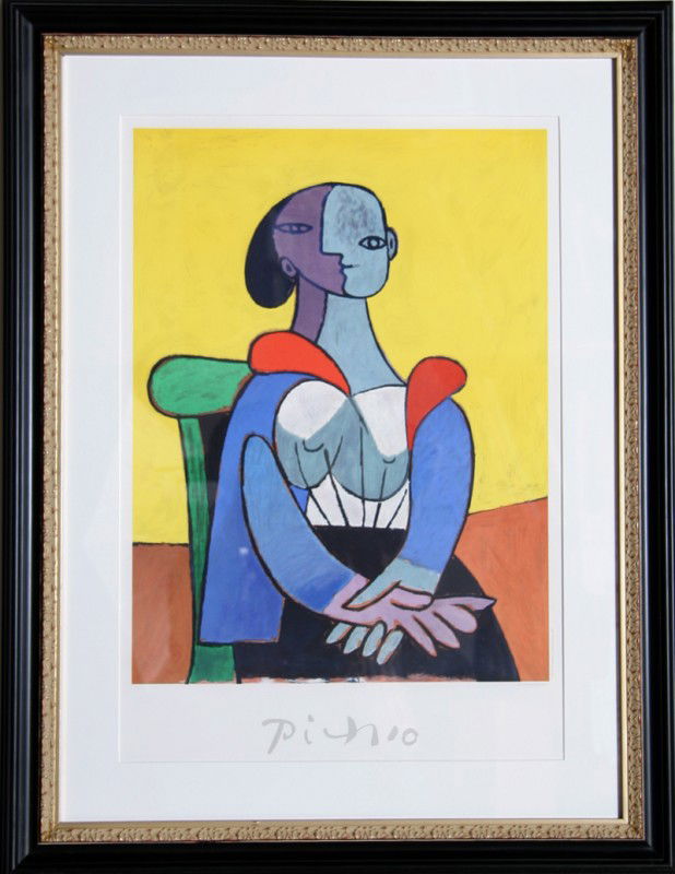 Pablo Picasso, Femme A La Chaise Sur Fond Jaune, L: Artist: Pablo Picasso, after Title: Femme A La Chaise Sur Fond Jaune Year of Original: 1937 Medium: Estate Lithograph Edition: 1000 Paper Size: 29 x 22 inches 34.5 x 26 inches Ref. Number: 9-C-k Year
