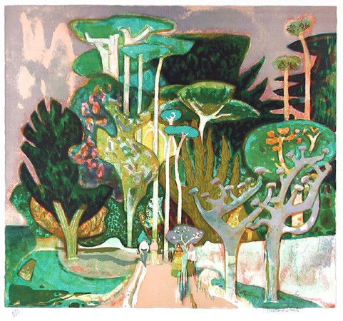 Millard Owen Sheets, Old Village, Lithograph: Artist: Millard Owen Sheets, American Title: Old Village Year: circa 1977 Medium: Lithograph, signed and numbered in pencil Edition: 250 Size: 23.5 in. x 37 in. (59.69 cm x 93.98 cm)