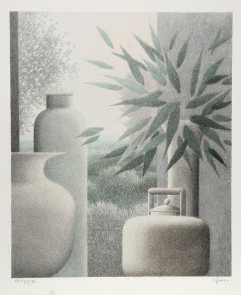 Robert Kipniss, Interior with Cup, Kettle and Plan: Artist: Robert Kipniss, American (1931 - ) Title: Interior with Cup, Kettle and Plant Year: 1986 Medium: Lithograph, signed and numbered in pencil Edition: AP IX/XV Image Size: 12 x 10 inches Size: 16