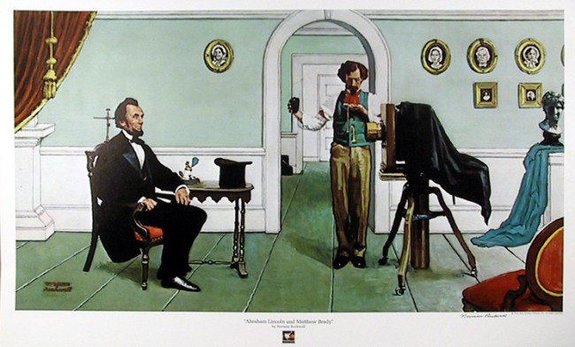 Norman Rockwell, Abraham Lincoln, Lithograph Poster: Artist: Norman Rockwell, American (1894 - 1978) Title: Abraham Lincoln and Mathew Brady Year: 1975 Medium: Lithograph Poster Size: 25 in. x 38 in. (63.5 cm x 96.52 cm)