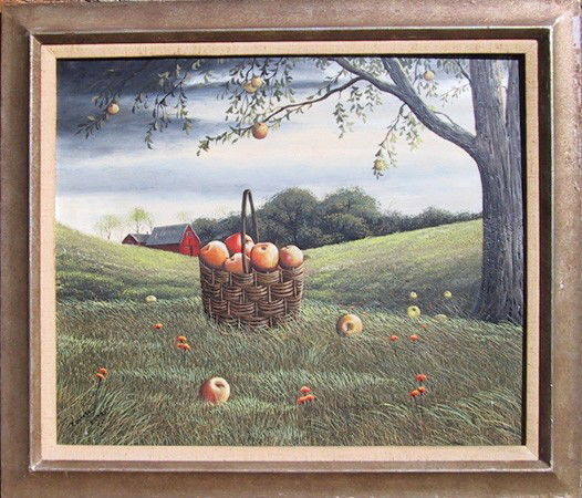 Thomas Kerry, Basket of Apples, Oil Painting: Artist: Thomas Kerry, British/American Title: Basket of Apples Year: circa 1970 Medium: Oil on Masonite, signed l.l. Size: 24 in. x 30 in. (60.96 cm x 76.2 cm) Frame Size: