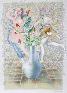 Rainer Gross, Lilies, Carnations & Stones, Lithograph: Artist: Rainer Gross, German (1951 - ) Title: Lilies, Carnations & Stones Year: circa 1980 Medium: Lithograph, signed and numbered in pencil Edition: 200, AP 30 Image Size: Size: 35.5 in. x 25.5 in. (