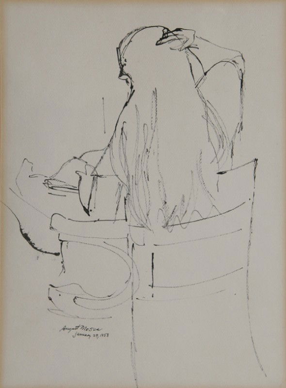 August Mosca, Seated Girl, Ink Drawing: Artist: August Mosca, Italian (1905 - 2003) Title: Seated Girl Year: 1958 Medium: Ink on Paper, Signed and Dated LL Size: 15 in. x 11 in. (38.1 cm x 27.94 cm)