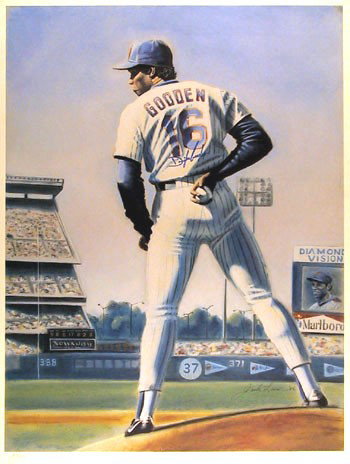Jack Lane, Doc Gooden, New York Mets, Lithograph: Artist: Jack Lane Title: The sign Year: 1986 Medium: Lithograph, signed and numbered in pencil Edition: 1800 Size: 26 in. x 20 in. (66.04 cm x 50.8 cm)