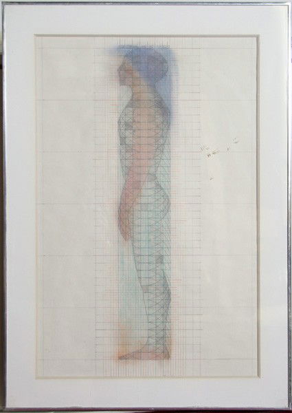 John Ford, Man in a Grid, Mixed Media Drawing: Artist: John Ford Title: Man in a Grid Year: 1977 Medium: Mixed Media, Pencil, Pen, with Pastel, signed in pencil l.r. Size: 38 in. x 21 in. (96.52 cm x 53.34 cm)