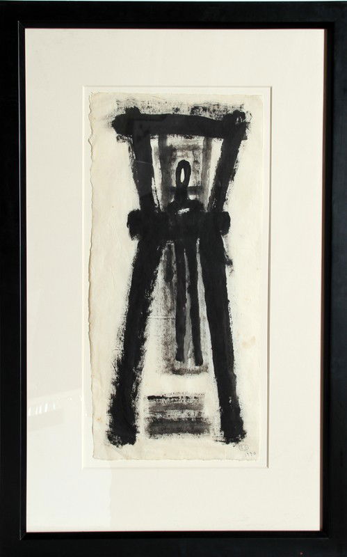 Clyde Connell, On the Rack, Ink Drawing: Artist: Clyde Connell, American (1901 - 1998) Title: On the Rack Year: 1990 Medium: Ink Drawing on Mulberry Paper, signed and dated Size: 24.5 in. x 11 in. (62.23 cm x 27.94 cm) Frame Size: 37 x 23.5