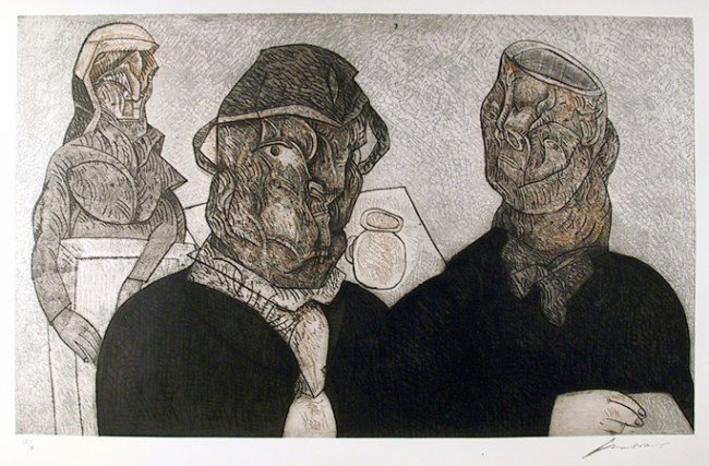 Jose Luis Cuevas, Juan Valle Alvarado Confesar, Aqu: Artist: Jose Luis Cuevas, Mexican (1934 - ) Title: Juan Valle Alvarado Confesar para Maria Burga from the Intolerance Portfolio Year: 1989 Medium: Aquatint Etching, Signed and numbered in pencil Editi