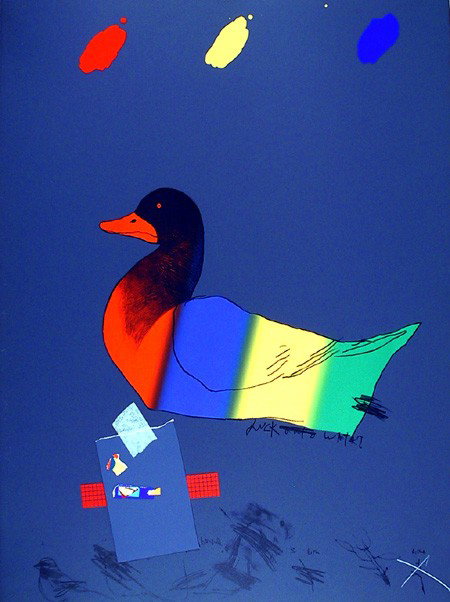 Raymond Jennings Saunders, Duck out of Water, Lith: Artist: Raymond Jennings Saunders, American (1934 - ) Title: Duck out of Water Year: 1976 Medium: Lithograph with Silkscreen and Collage, signed and numbered in pencil Edition: 200 Size: 30 in. x 22 i