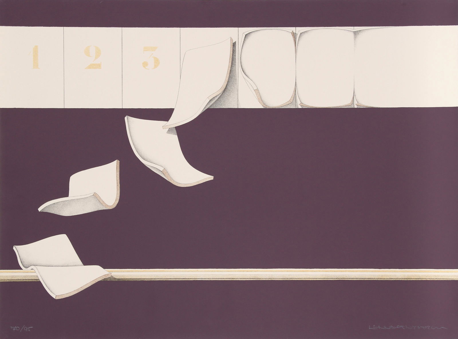 Lennart Nystrom, 8 Sheets (Purple), Screenprint: Artist: Lennart Nystrom, Swedish (1944 - ) Title: 8 Sheets (Purple) Year: circa 1975 Medium: Screenprint, signed and numbered in pencil Edition: 70/95 Size: 23 in. x 31 in. (58.42 cm x 78.74 cm)