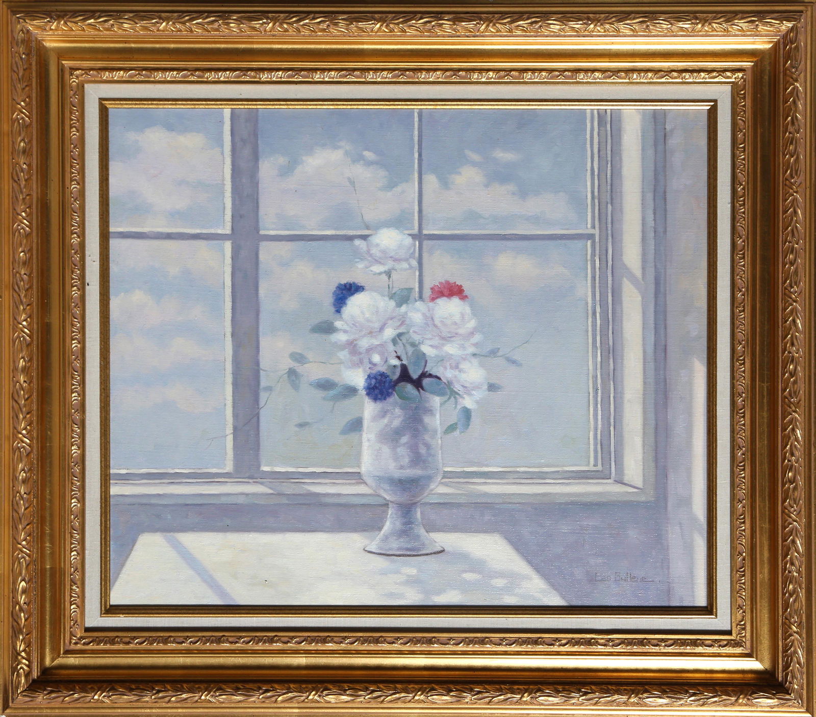 Les Bullene, Flower Still Life in front of Window, Oil Painting mounted to Wood: Artist: Les Bullene, American Title: Flower Still Life in front of Window Year: circa 1960 Medium: Oil on Canvas mounted to Wood, signed Size: 20 x 24 in. (50.8 x 60.96 cm) Frame Size: 28 x 32 inches