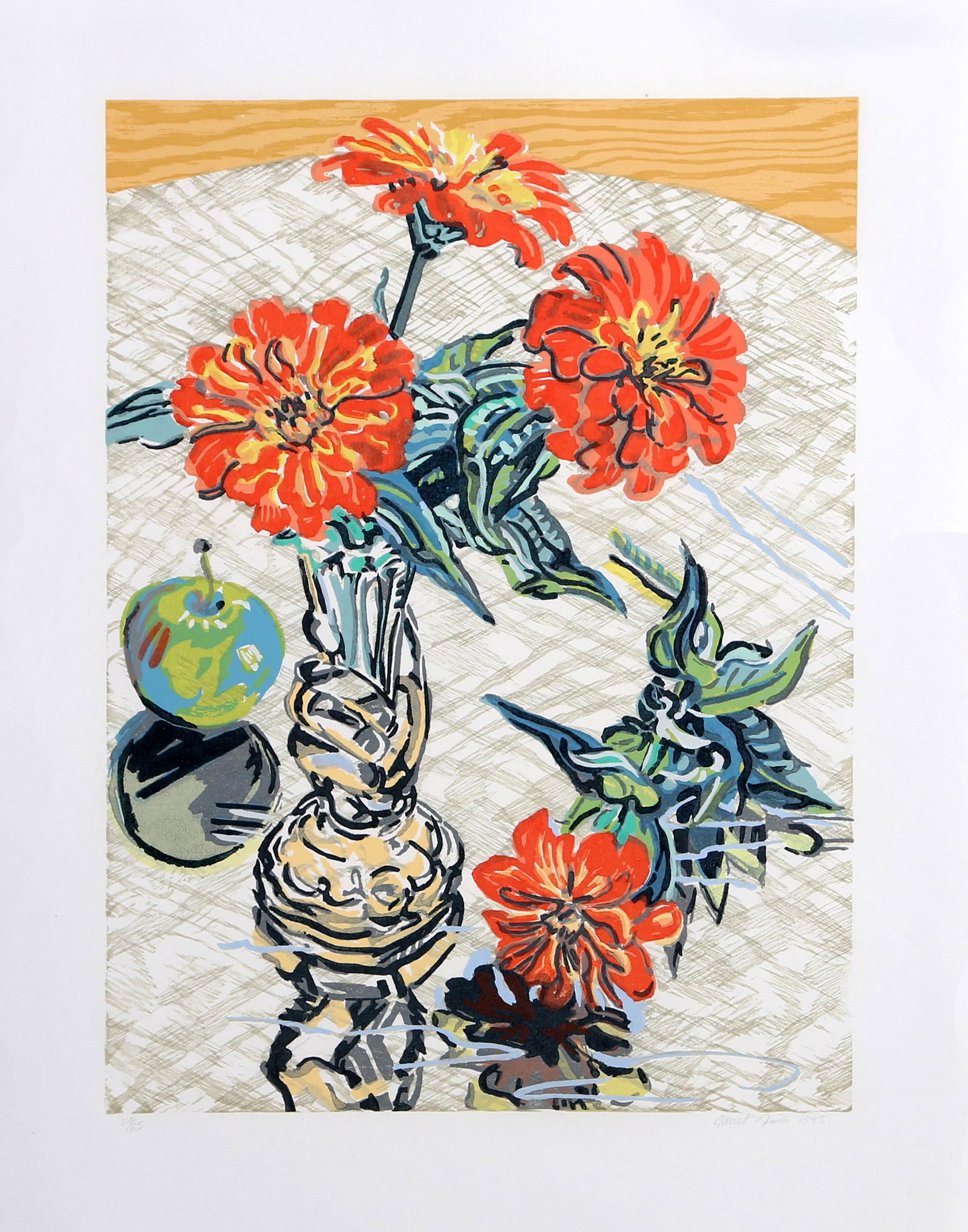 Janet Fish, Apples and Zinnias, Woodcut on Japon paper (1 of 1)