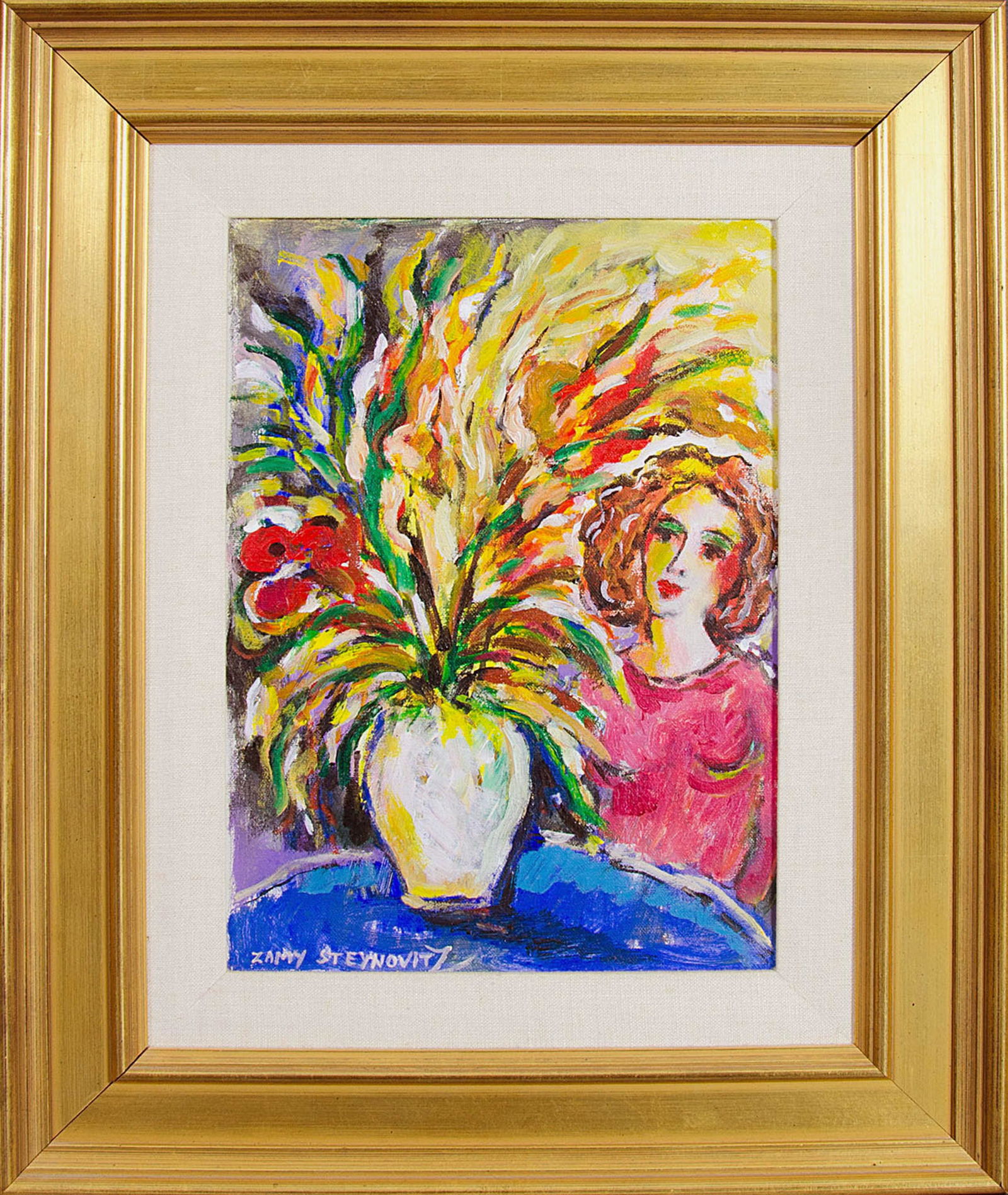 Zamy Steynovitz, Woman with Flowers, Acrylic Painting: Artist: Zamy Steynovitz, Polish (1951 - 2000) Title: Woman with Flowers Year: 1996 Medium: Acrylic on Canvas, signed l.l. Size: 13 x 9.2 in. (33.02 x 23.37 cm)