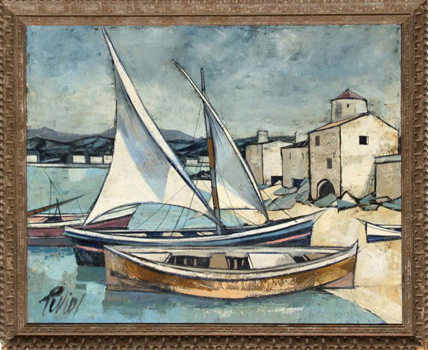 Charles Levier, Sailboats, Oil Painting: Artist: Charles Levier, French (1920 - 2003) Title: Sailboats Year: circa 1950 Medium: Oil on Canvas Size: 24 in. x 30 in. (60.96 cm x 76.2 cm) Frame Size: 27.5 x 33.5 inches