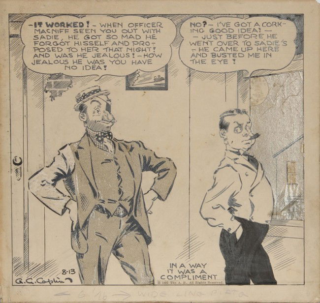 Al Capp, In a way, it was a compliment, Ink Drawing: Artist: Al Capp, American (1909 - 1979) Title: In a way, it was a compliment Year: 1932 Medium: Ink on Paper, signed Al Caphin Size: 9.75 in. x 9.75 in. (24.77 cm x 24.77 cm)