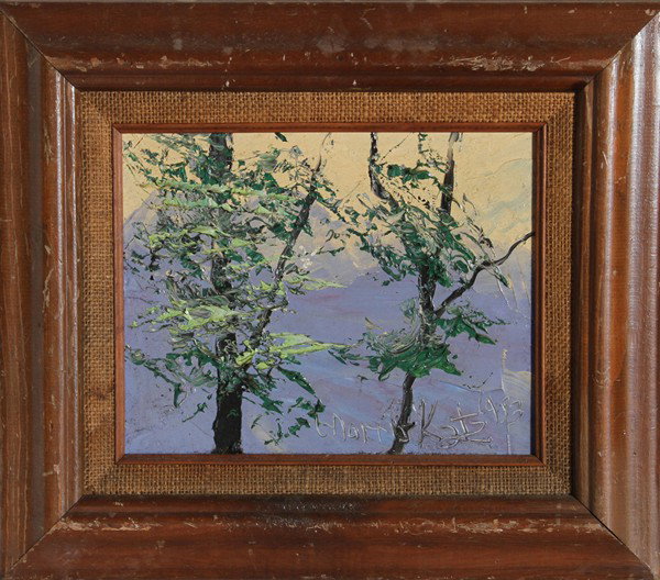 Morris Katz, Trees, Oil Painting: Artist: Morris Katz Title: Trees Year: 1983 Medium: Oil on Masonite, Signed l.r. Size: 7.5 in. x 9 in. (19.05 cm x 22.86 cm) Frame Size: 13.5 x 15 inches