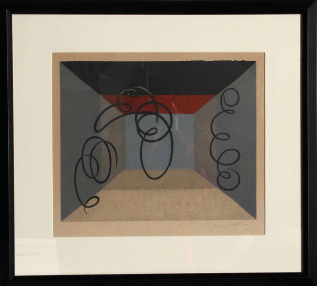 Jacques Villon, Le Theatre, Lithograph: Artist: Jacques Villon, French (1875 - 1963) Title: Le Theatre Year: circa 1950 Medium: Lithograph, Signed in Pencil Edition: 55/175 Image Size: 12 x 14 inches Size: 17 in. x 20.5 in. (43.18 cm x 52.0