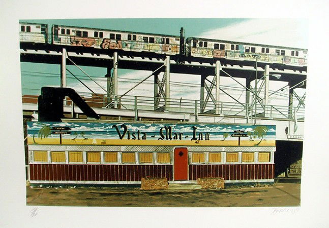 John Baeder, Vista Mar Inn, Serigraph: Artist: John Baeder (1938 - ) Title: Vista Mar Inn Year: 1980 Medium: Serigraph on Somerset Paper, signed and numbered in pencil Edition: 184/250 Size: 22 in. x 30 in. (55.88 cm x 76.2 cm)