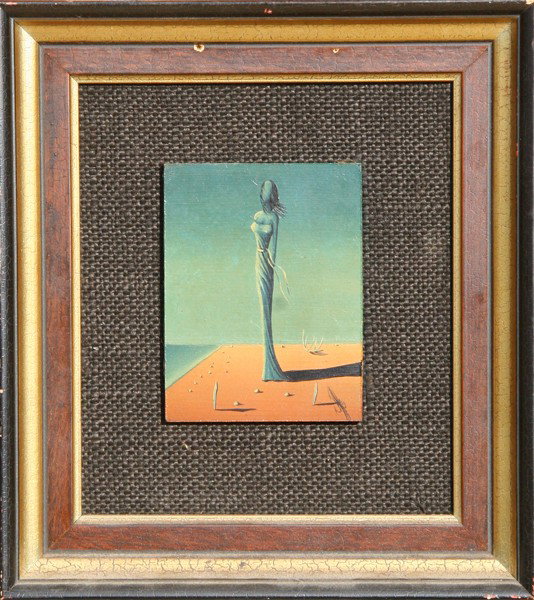 Jorge N. Sanchez, Female Figure, Oil Painting: Artist: Jorge N. Sanchez, Dominican (1918 - ) Title: Untitled - Female Figure Year: circa 1960 Medium: Oil on Board, signed Size: 4.5 in. x 3.25 in. (11.43 cm x 8.26 cm) Frame Size: 10 x 9 inches