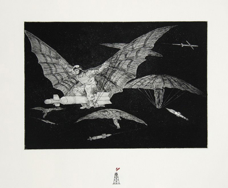 Enrique Chagoya, Ways of Flying, Intaglio with Aqua: Artist: Enrique Chagoya, Mexican (1953 - ) Title: Ways of Flying Year: 2003 Medium: Intaglio with Aquatint, signed in pencil Edition: 25 Size: 16 in. x 19 in. (40.64 cm x 48.26 cm)