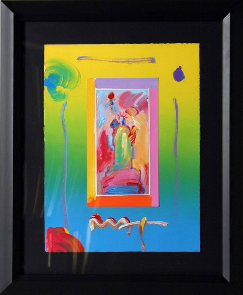 Peter Max, Statue of Liberty, Acrylic and Collage: Artist: Peter Max, German/American (1937 - ) Title: Statue of Liberty Year: 2005 Medium: Acrylic and Collage on paper, signed Size: 16 in. x 12 in. (40.64 cm x 30.48 cm) Frame Size: 23 x 18.5 inches