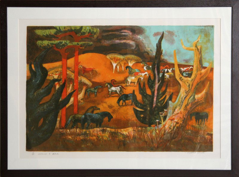 Millard Owen Sheets, Summer Gold, Lithograph: Artist: Millard Owen Sheets, American Title: Summer Gold Year: circa 1977 Medium: Lithograph, signed and numbered in pencil Edition: 250 Size: 24 in. x 35 in. (60.96 cm x 88.9 cm) Frame Size: 28 x 38